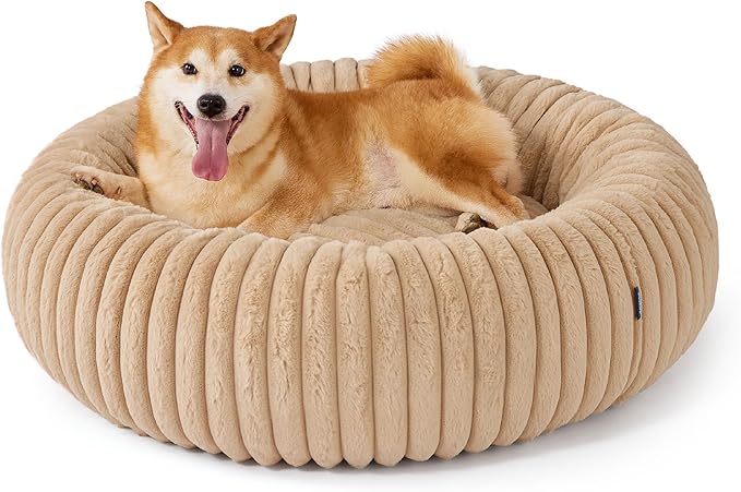 Bedsure ComfyFleece Donut Large Dog Bed - Washable Faux Fur with Corduroy Fleece & Anti Slip Bottom, Round Pet Bed with Removable Cover, Sandy Beige, 36x36x8 inches