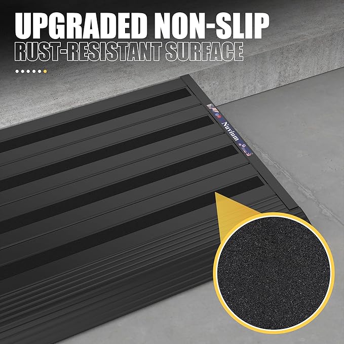 Threshold Ramp for Doorways, Adjustable Height 2.6"-6" Aluminum Wheelchair Ramp with Heightening Screws and Swivel Angle Leg, 1100lbs Load Capacity, 22”x36 Curb Ramp for Trolley,Power Chairs