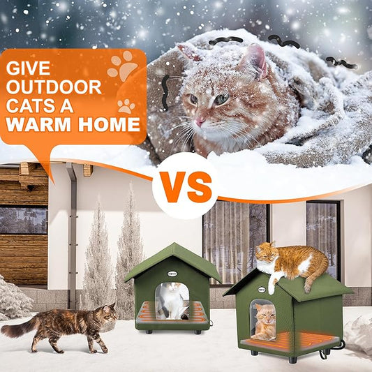 Dreyoo 2 Pack Heated Cat House Weatherproof, Winter Outdoor Tent with Heated Bed, Foldable Warm Shelter with 2 Doors for Feral Cats and Small Animals (Green)