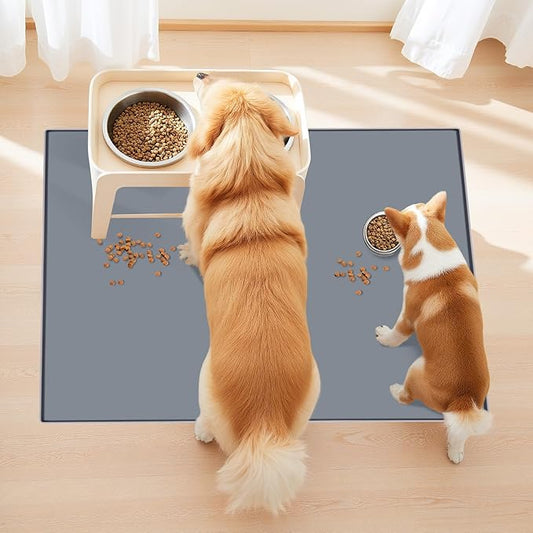 Finorder 23.6"x19.7" 100% Silicone Pet Feeding Mat, Higher Raised Edges and Slip Resistant Pet Food and Water Bowl Mat, Waterproof Pet Food Placemat Silicone Tray, Dishwasher Safe (Grey)