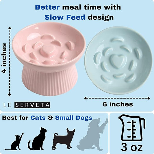 2 Pack Ceramic Slow Feeder Cat Bowl, Raised Puzzle Feeder, Anti-Vomiting, Elevated Food Bowl, Whisker Friendly (Blue, Pink)