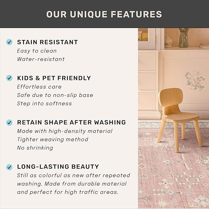 Light Pink Rugs for Girls Bedroom - Cute Floral Area Rug 5x8 for Nursery, Kids Playroom, Machine Washable Non Slip, Vintage Low Pile Stain Resistant Carpet for Living Room, Dorm