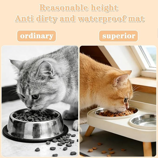 Elevated Cat Bowls with Food Mat, Splash Proof Anti Vomiting Raised Cat Food and Water Bowl Set, 2 Stainless Steel Dishes for Cats and Puppy, Pet Bowl for Indoor Cats White