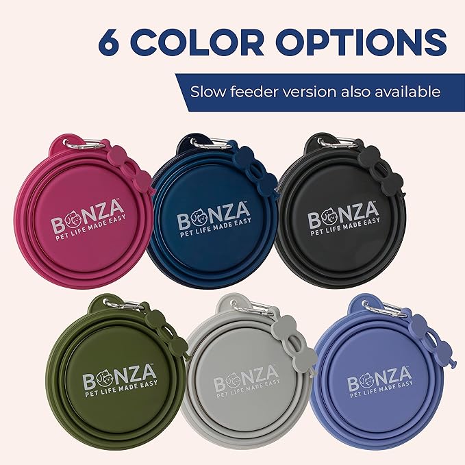 Bonza Collapsible Dog Bowls - Large 33 Oz, Dog Travel Accessories, Silicone Portable Dogs Bowl & Water Dish with Reinforced Rim & Carabiner for Hiking, Camping, and Car Trips, Navy Blue