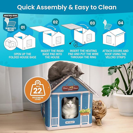 Deluxe Heated Cat House for Winter - Weatherproof, Insulated, Easy Assembly, Cat Heating Pad, Dual Escape Doors, Outdoor & Indoor Cat House - Blue Tiles Pethouse