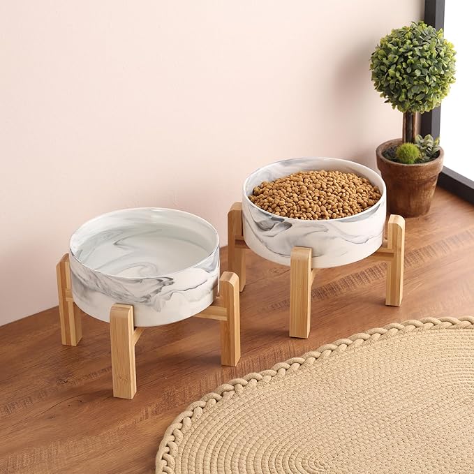 Raised/Elevated Ceramic Dog Bowl for Medium Large Sized Breeds,Dog Food Water Bowl with Stand,8 in 7.6 Cups Non Slip Heavy Weighted Marble Grey