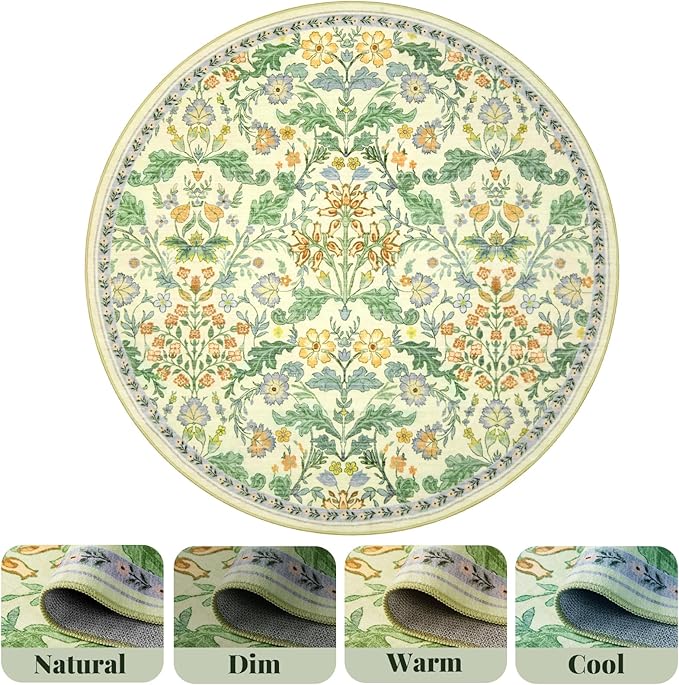 Floral Area Rug for Living Room: 6x6 Washable Soft Low Pile Thin Indoor Carpet, Non Slip Stain Resistant Vintage Flower Boho Accent Large Rugs for Bedroom, Dining, Home Office, Nursery - Ivory