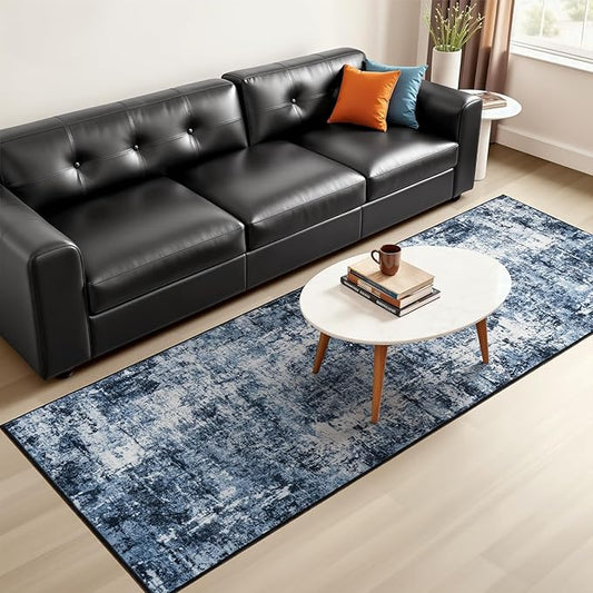 Rugflix 2x6 Runner Rug for Entryway, Kitchen Rugs Soft Non-Slip Washable Runners for Hallway, Abstract Small Carpet with Non-Slip Rubber for Bedroom, Living Room, Navy Blue/Black