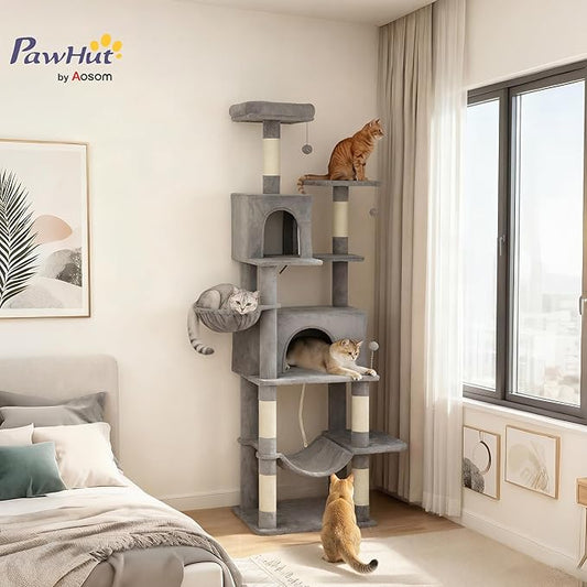 PawHut Cat Tree, 80" Large Cat Tower for Indoor Kittens with 2 Spacious Condos, Sisal Scratching Posts, 2 Hanging Balls, Comfy Hammock, Perches, Bed, Dark Gray