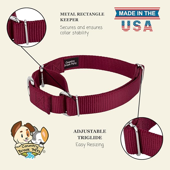 Country Brook Petz - Martingale Dog Collar - Heavy-Duty Training Collar with No Buckle - Service Dog Collar for All Pups - 10+ Warm Colors (Burgundy, 3/8 Inch, 2XS)
