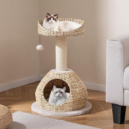 Tangkula Modern Cat Tree, Small Cat Tower with Natural Sisal Scratching Post, Hand-Made Wicker Cat Condo & Top Perch, Funny Hanging Toy Ball, Cute Cat Tree Tower for Indoor Cats