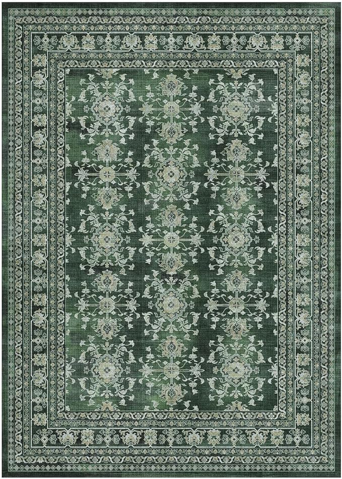 Lessymo 5x7 Area Rugs for Living Room, Machine Washable Non Slip Rug, Soft Low Pile Carpet for Bedroom Dining Home Office, Vintage Dark Green Distressed Floral Floor Mat