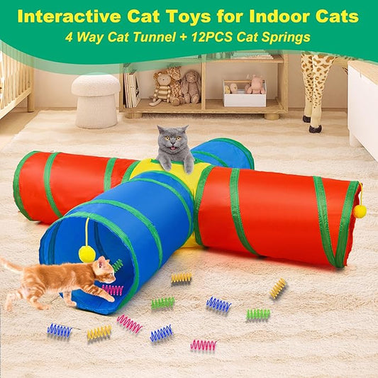 Cat Tunnel 4 Way Collapsible, Interactive Cat Toys for Indoor Cats, 12 PCS Cat Springs Toy Kitten Toys Pack, Large Rainbow Bunny Tunnel Tube with Peephole, Pet Tunnels for Cats Kitty Rabbits