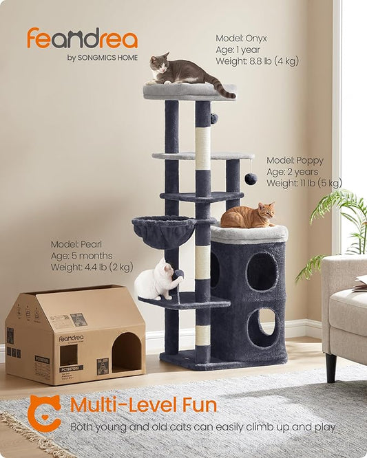 Feandrea Cat Tree, 60-Inch Cat Tower, Multiple-Level Plush Condo with 2 Caves, 3 Scratching Posts, 3 Perches, Dark Gray UPCT007G02