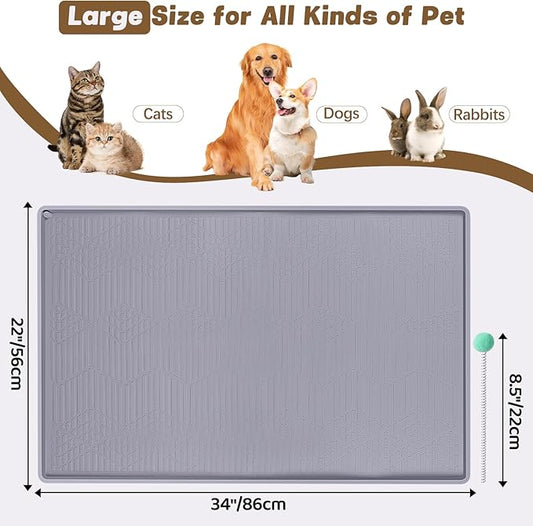 Cat Food Mat with Toy Ball, 34'' x 22'' Extra Large Silicone Pet Feeding Mat with Raised Edge Pet Placemat for Food and Water Bowl Non-Slip, Easy to Clean, Floor Protection (Grey)