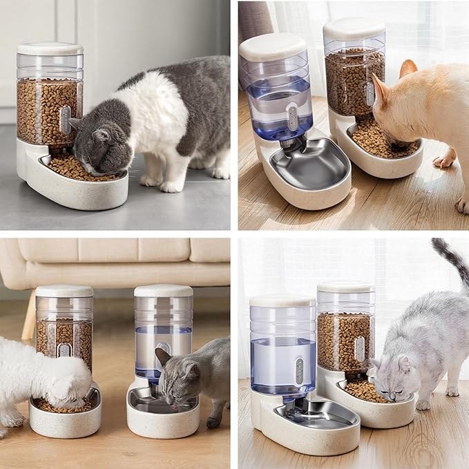 Automatic Cat Feeder and Water Dispenser with Stainless Steel Bowl Gravity Food Feeder and Waterer Set for Small Medium Dog Puppy Kitten 1 Gallon x 2(Beige)