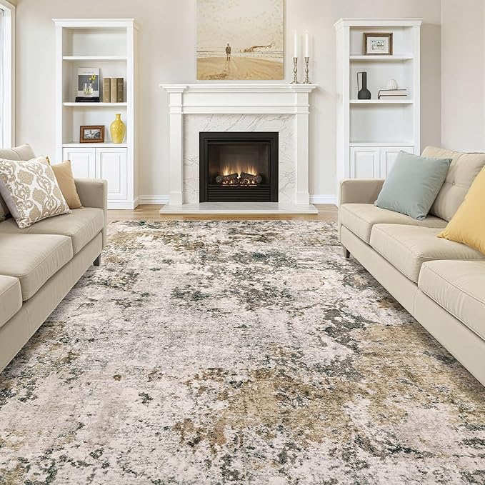 Area Rugs for Living Room: 10x12 Abstract Washable Rug Large Soft Stain Resistant Non-Slip Backing for Bedroom Dining Room Indoor Home Office Carpet for Kids Pet Friendly Families - Dark Brown