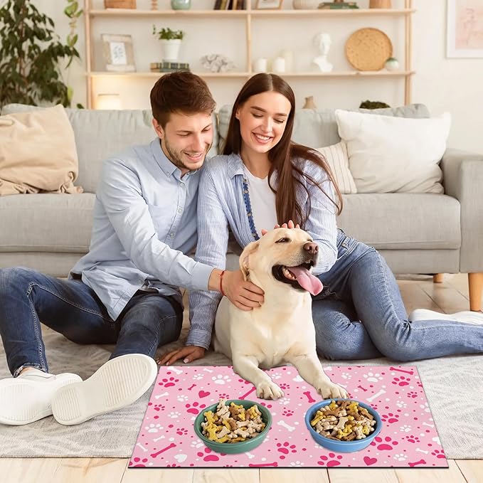 Pink Paw & Bone Dog Food Mat, Dog Cat Feeding Mat, Non-Slip Super Absorbent Pet Food Pad, Pet Bowl Mat for Food & Water Bowls, Dog Enthusiast Home Decoration, 12 x 20 Inch