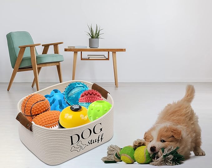Durable Cotton Rope Dog Toy Storage, Large Dog bin, pet Bed, Puppy Toy Box - Perfect for organizing pet Toys, Blankets, leashes, Clothing and Any Doggie Stuff - Beige