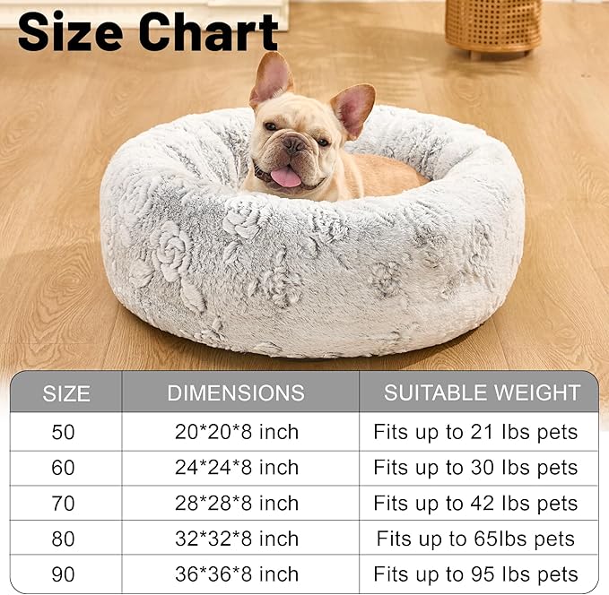 Dog Calming Beds for Small Medium Large Dogs - Round Donut Washable Puppy Dog Bed, Anti-Slip Faux Fur Fluffy Donut Cuddle Anxiety Cat Pet Bed (32" Rose)