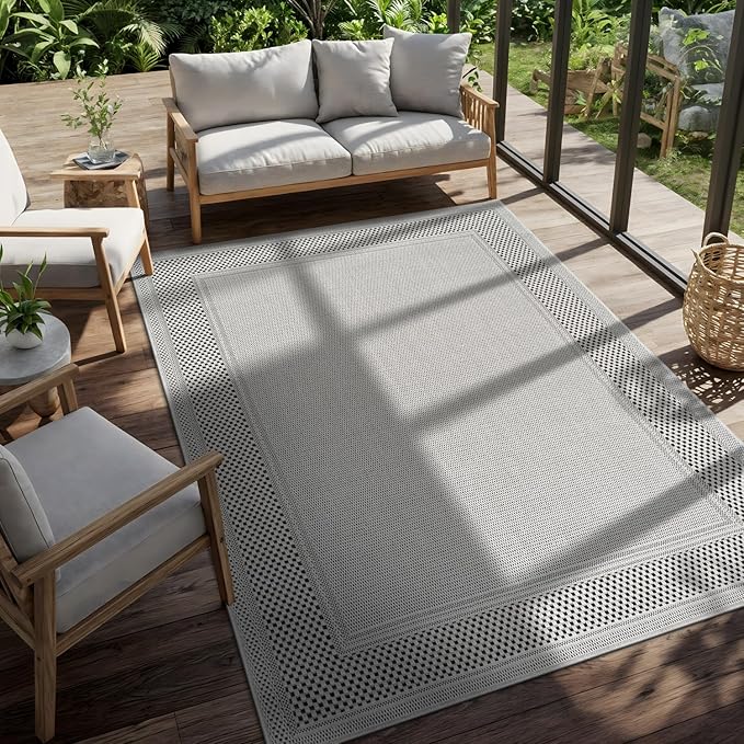 CAMILSON Easy Jute Rug 6x9, Indoor Outdoor Off-White Color Fiber Area Rugs for Entry, Living Room and Farmhouse Rug, Bordered Boho Woven Design, Easy-Cleaning, Washable Outside Carpet (6 x 9)