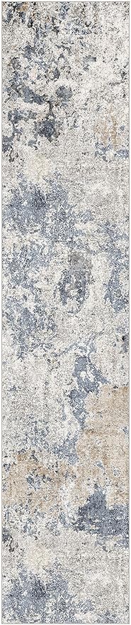 Hallway Washable Runner Rug: 3x12 Abstract Modern Soft Stain Resistant Non-Slip Backing Runner for for Entryway Kitchen Laundry - Blue Brown