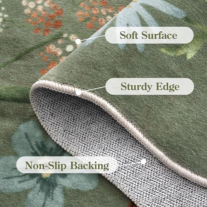 Lahome Floral Washable Rugs 8x10, Non-Slip Soft Green Rug Stain Resistant, Ultra-Thin 8x10 Rugs for Living Room Easy Clean Boho Accent Carpet for Dining Room Office(8x10ft,Green)