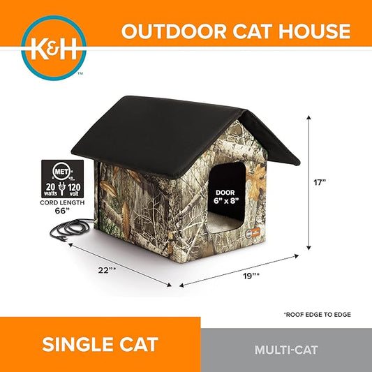 K&H Pet Products Heated Outdoor Cat House for Outside Pets in Winter, Weatherproof Outdoor House for Ferals, Insulated Kitty Shelter, 2 Doors, Waterproof Heated Cat Bed, Safety Listed - Camo 20W