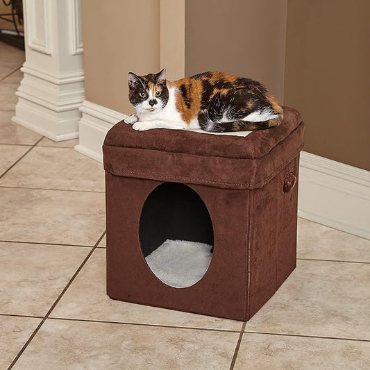 MidWest Homes for Pets Feline Nuvo Curious Cat Cube, Foldable Pet Hideout with Toy, Bolstered Bed Top, Faux Brown Suede, Synthetic Sheepskin