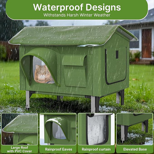Heated Cat House for Outside - 24" Insulated Cat House Outdoor Weatherproof, Winter Outdoor Cat Shelter with Waterproof Eaves & Escape Door, Elevated Cat Shelter for Feral Stray Cat Kitty, L