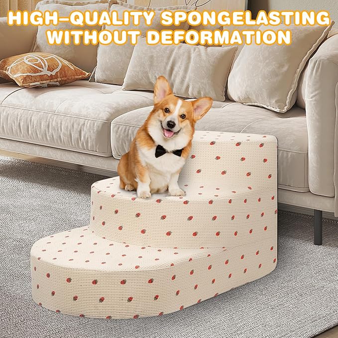 Dog Stairs for Small Dogs, Foam Steps for Small Dogs & Cats, 3 Steps Dog Ramp for High Beds, Couch, Window, Sofa, Pet Stairs with Removable Washable Cover, Non-Slip Sturdy Pet Steps, Strawberry