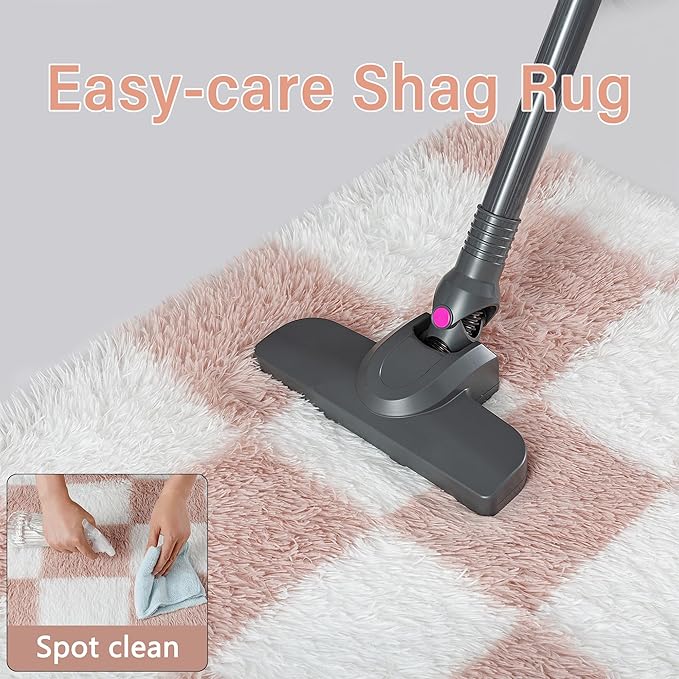 Checkered 4x4 Round Rug for Playroom, Pink and White Modern Shag Rugs Super Soft Washable Fluffy Carpet Indoor Office Fuzzy for Bedroom Living Romm Home Dorm Aesthetic Decor