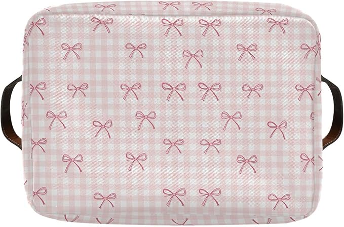 Wamika Pink Cherry Bow Storage Basket with Waterproof Liner and PU Handles Coquette Bowknot Storage Bins Boxes 14.2" Collapsible Decorative Organizer Baskets for Bedroom Closet Office 2 Pack