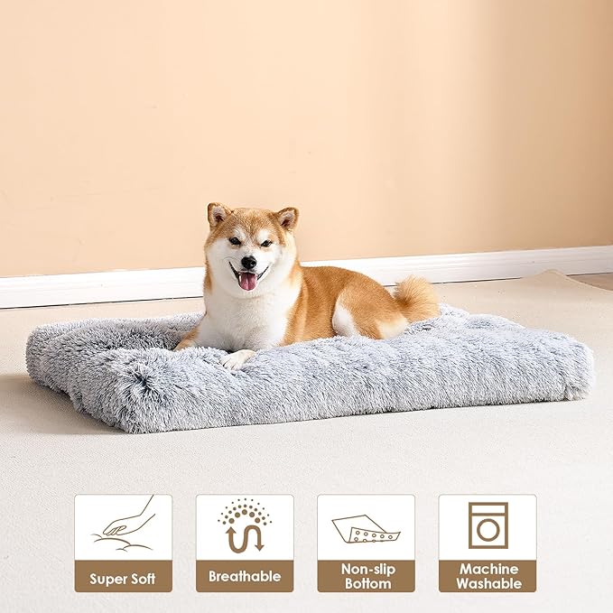 EHEYCIGA Fluffy Dog Crate Bed for Large Dogs, Plush Faux Fur Pad, Calming Anti Anxiety Large Bed, Washable Soft Warm Dog Crate Mat with Non-Slip Bottom