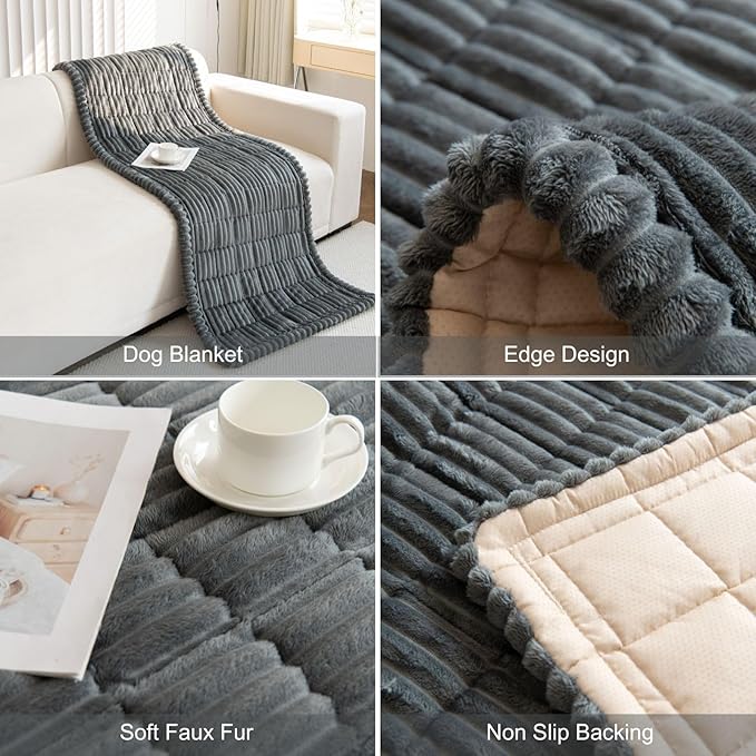 Faux Fur Plush Dog Couch Cover 3D Stripe Fuzzy Sofa Cover Non-Slip Fluffy Dog Bed Cover Pet Blanket Sofa Couch Furniture Protector for Puppy Large Dog Cat (Dark Grey,31"x70")