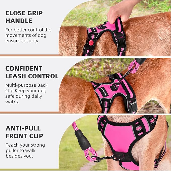 No Pull Dog Harness with A Free Heavy Duty 5ft Dog Leash, Adjustable Soft Padded Dog Vest, Reflective No-Choke Pet Oxford Vest with Easy Control Handle and Dog Leash for Dogs (Pink, Medium)