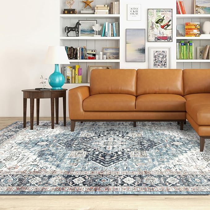Area Rug 6횞9, Large Vintage Boho Rug,Ultra-Soft Low Pile, Washable, Non Slip,Stain Resistant, Printed Carpet for Living Room Bedrooms Playroom Office Kitchen, Blue/Navy