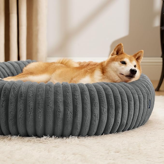Bedsure ComfyFleece Donut Large Dog Bed - Washable Faux Fur with Corduroy Fleece & Anti Slip Bottom, Round Pet Bed with Removable Cover, Warm Grey, 36x36x8 inches
