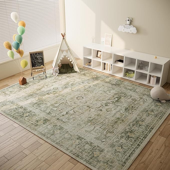 8x10 Area Rugs Washable Rug: Large Living Room Rug Stain Resistant Distressed Vintage Boho Carpet Non Slip Low Pile Faux Wool Soft Rugs for Bedroom Bedside Indoor Kids Playroom Farmhouse Dining Room