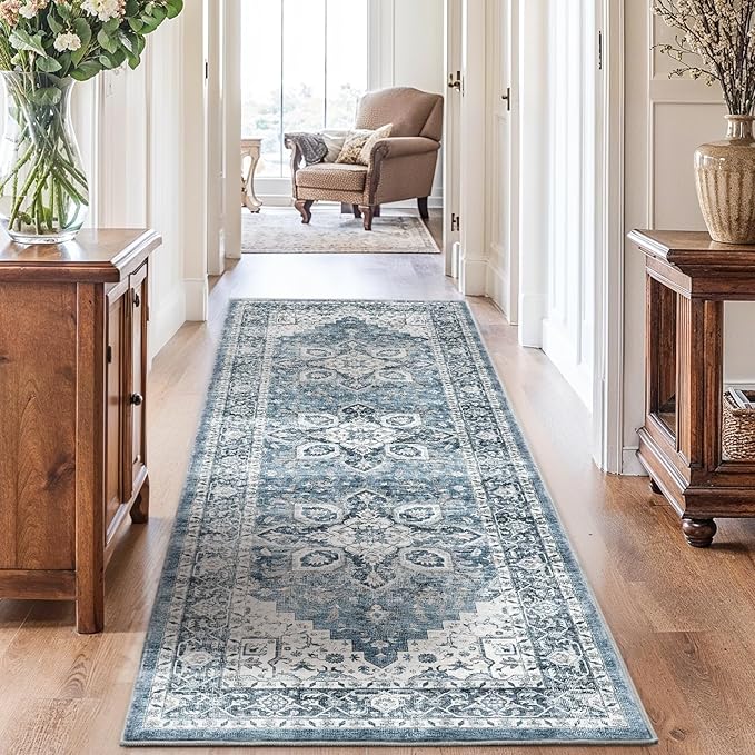 AMADA HOMEFURNISHING 2.6x10 Washable Area Rug, Low-Profile Entryway Rug with Non-Slip Backing & Durable Edge Binding, Vintage Rug Pattern, Small Rugs for Entryway, Kitchen & Living Room
