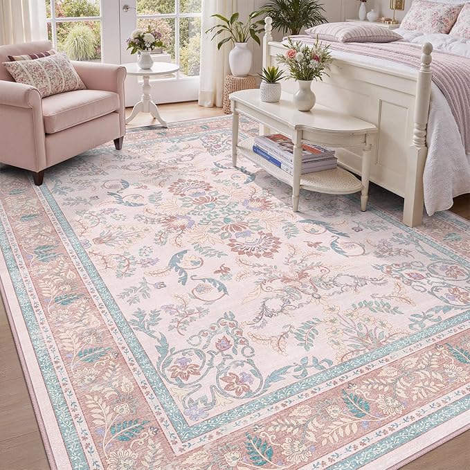 DCX Floral Area Rugs 9x12 Living Room, Soft Anti-Skid Machine Washable Pink Area Rugs Stain Resistant Neutral Boho Carpet for Bedroom Large Low Pile Lightweight Room Rug