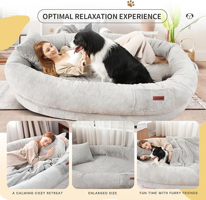 Human Dog Bed for Adults, 71"x51"x12" Washable Orthopedic Size, Faux Fur Removable, Cozy Large Present with Blanket and Pillow, Grey