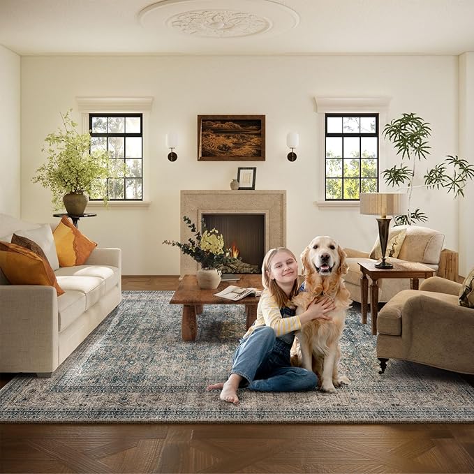 Area Rugs 10x14 Living Room: Washable Rugs for Bedroom Vintage Stain Resistant Non Slip Low Pile Large Boho Carpet for Kitchen Dining Room Farmhouse Kids Room Nursery