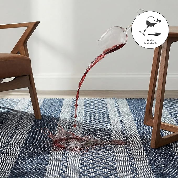Fab Habitat Machine Washable Area Rug - Hand Woven, Stain Resistant, Pet Friendly - Premium Recycled Polyester Yarn - Shadow Stripes - Kitchen, Bathroom, Laundry Room - Mir - Blue - 3 x 5 ft