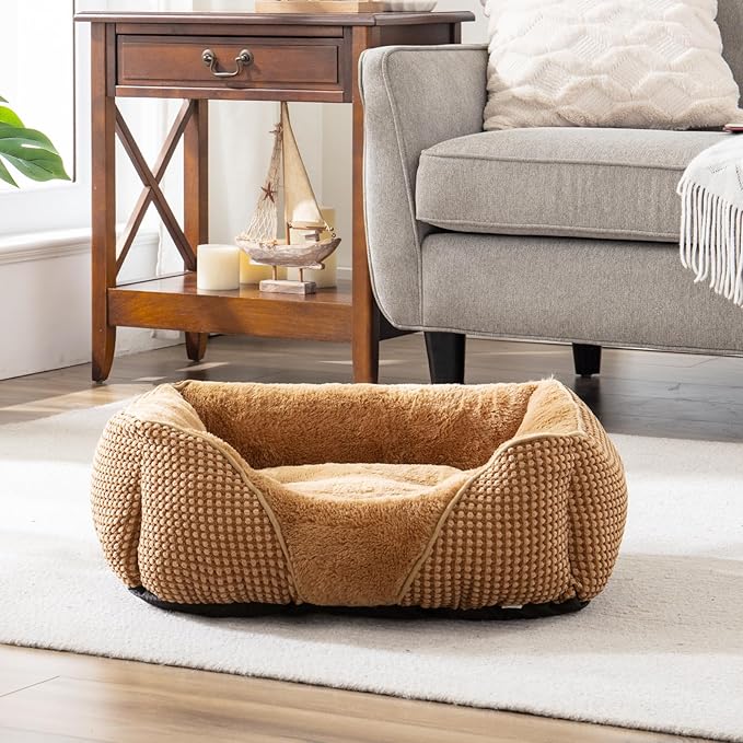 MIXJOY Dog Beds for Small Dogs Cats, Small Dog Bed Washable, Calming Dog Bed Small Size Dog, Soft Cat Beds for Indoor Cats, Orthopedic Rectangle Pet Puppy Sofa Bed with Anti-Slip Bottom(20x19in,Brown)