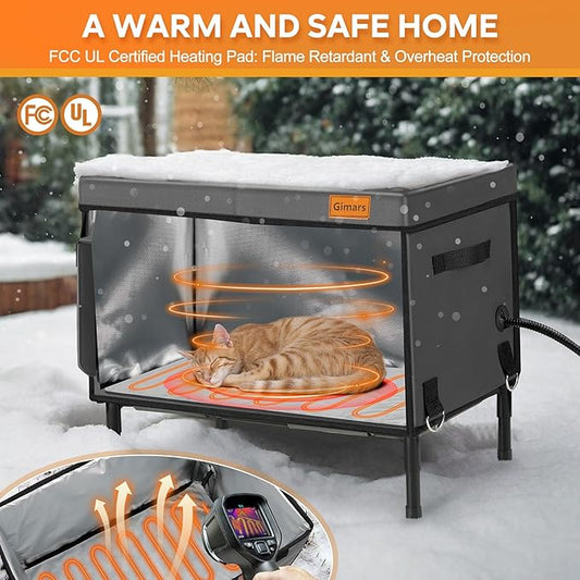Gimars Upgrade Large Heated Cat House for Outside Winter, with Heating Pad Outdoor Cat House Waterproof, 5.1" Elevated Stray Cat Shelter, Foil Insulate Heated Cat Bed Outdoor for Barn Feral Cat