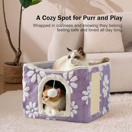 Cat Houses for Indoor Cats, Cute Cat Cave with Fluffy Ball Hanging and Scratch Pad, Foldable Kitten Condo Hideaway, 17x17x13 inches, Purple Flower