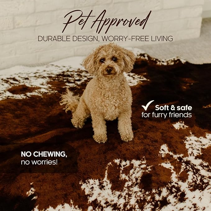 NativeSkins Faux Cowhide Rug 6'3" x 8'2" ??Brown Cow Print Area Rug for Living Room & Bedroom ??Non-Shedding, Flat-Lay, Pet-Friendly ??Faux Suede Grip Backing ??Vegan Western Farmhouse Decor