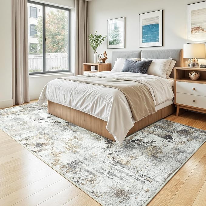 Neutral Area Rug 6x9 Washable Rugs for Living Room Aesthetic, Large Abstract Non-Slip Low-Pile Printed Accent Carpet for Bedroom Office, Brown/Grey