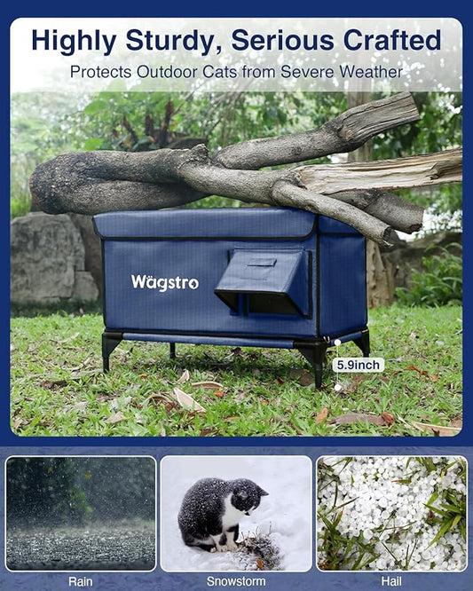 Ex-Large Heated Cat House for Outside in Winter, 100% Waterproof, Escape Door, 6" Elevated, Weatherproof Insulated Outdoor Cat House Shelter with Heater for Stray Feral Cat (Dark Blue, 29"x17"x20")